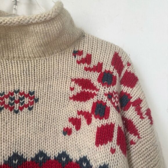 Eddie Bauer Vintage 90s Nordic Wool Heavy Knit Sweater Red Tan Hi Funnel Neck L - Picture 7 of 16
